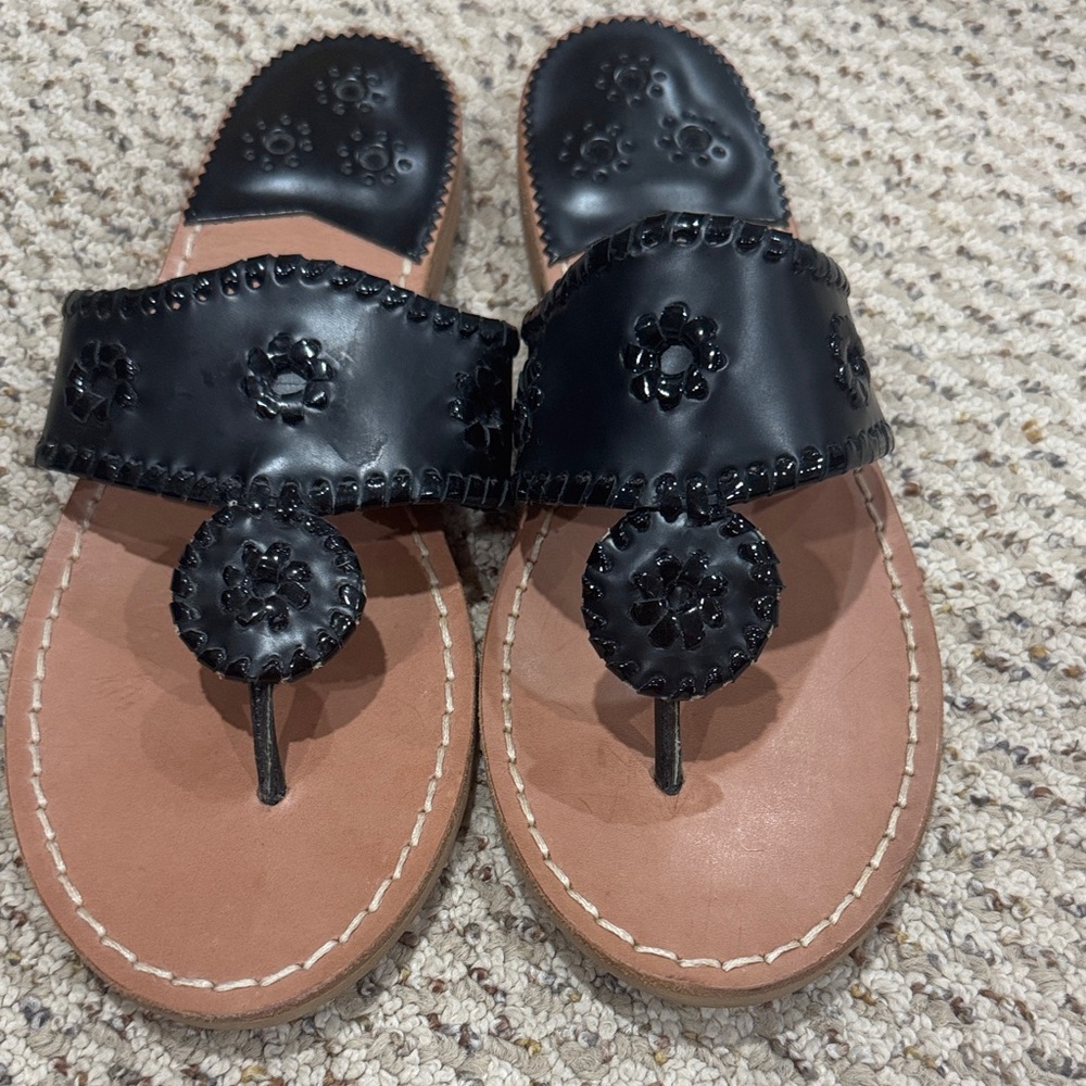 Jack Rogers Black and Tan Leather Thong Sandals